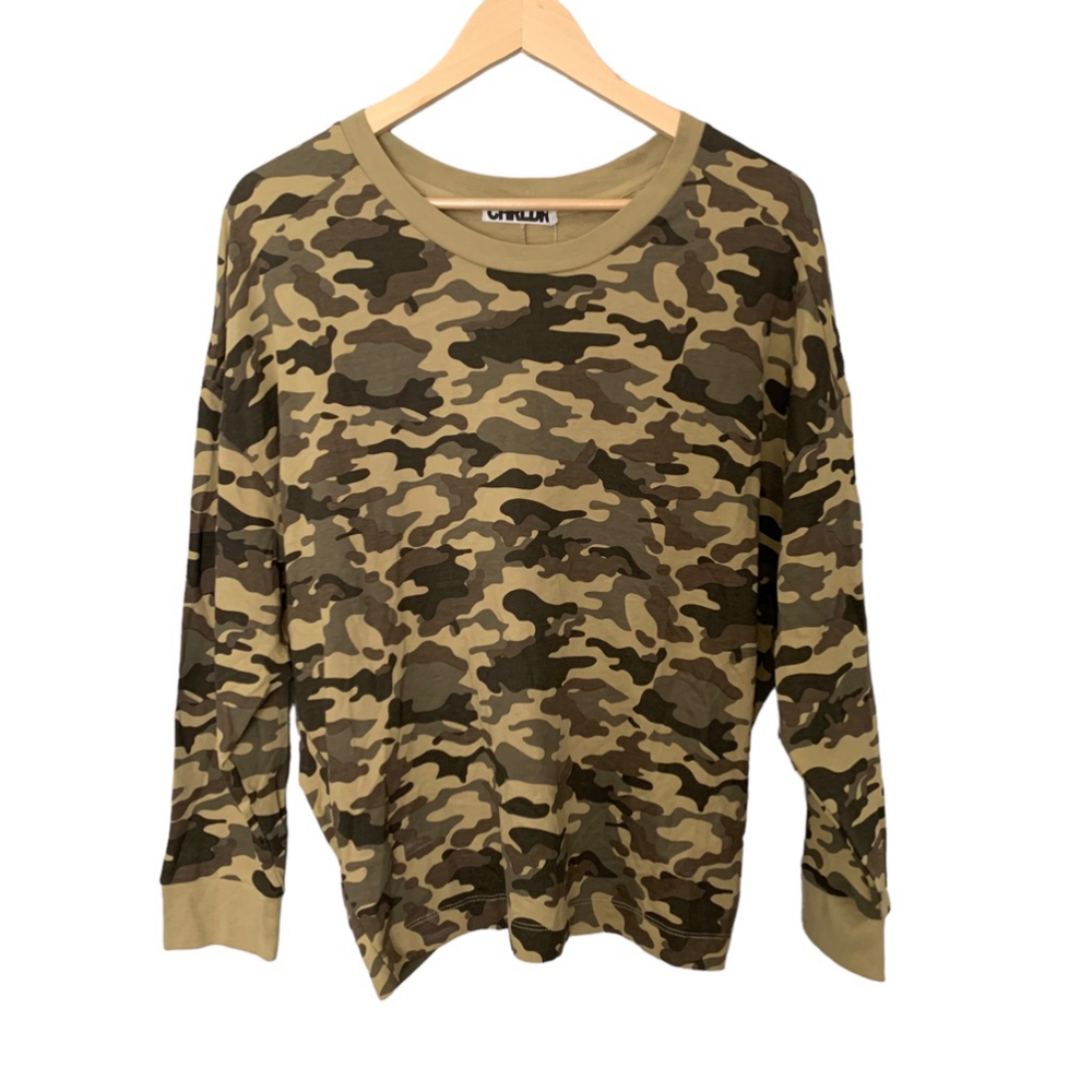 CHRLDR Green Camo Shirt Long Sleeve‎ Scoop Neck 100% Cotton M